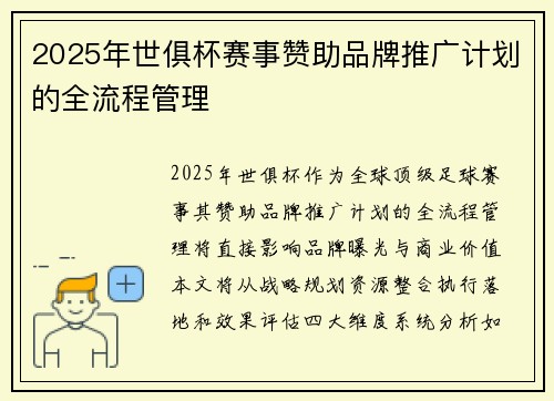 2025年世俱杯赛事赞助品牌推广计划的全流程管理