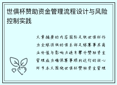 世俱杯赞助资金管理流程设计与风险控制实践