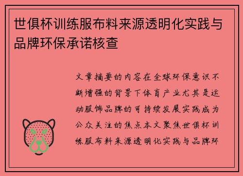 世俱杯训练服布料来源透明化实践与品牌环保承诺核查