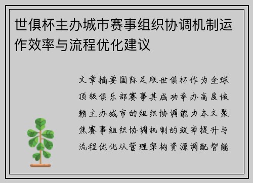 世俱杯主办城市赛事组织协调机制运作效率与流程优化建议