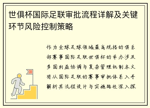 世俱杯国际足联审批流程详解及关键环节风险控制策略
